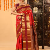 Red With Gold Butti And Double Border Kanjivaram Silk Saree