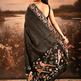 Black With Checks And Vibrant Bird Motif Embroidered Border Designer Saree