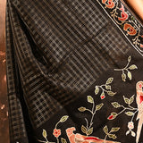 Black With Checks And Vibrant Bird Motif Embroidered Border Designer Saree