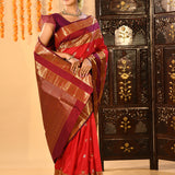 Red With Gold Butti And Double Border Kanjivaram Silk Saree