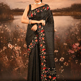 Midnight Black With Checks And Floral, Birds Motif Border Designer Saree