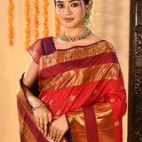 Red With Gold Butti And Double Border Kanjivaram Silk Saree