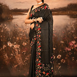 Midnight Black With Checks And Floral, Birds Motif Border Designer Saree