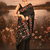 Midnight Black With Checks And Floral, Birds Motif Border Designer Saree