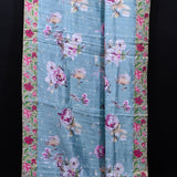 Powder Blue Fusion Saree With Digital Floral Print & Embroidered Border