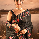 Midnight Black With Checks And Floral, Birds Motif Border Designer Saree