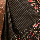 Midnight Black With Checks And Floral, Birds Motif Border Designer Saree
