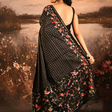 Midnight Black With Checks And Floral, Birds Motif Border Designer Saree