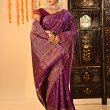 Purple Checked Meenakari Kanjivaram Silk Saree