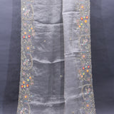 Grey Organza Saree With Hand Embroidered Bird And Floral Border