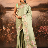 Sage Green Checkered With Multicolor Floral Motif Border Designer Saree