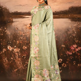 Sage Green Checkered With Multicolor Floral Motif Border Designer Saree