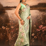 Sage Green Checkered With Multicolor Floral Motif Border Designer Saree