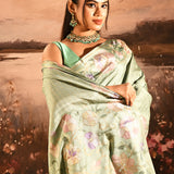 Sage Green Checkered With Multicolor Floral Motif Border Designer Saree