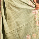 Sage Green Checkered With Multicolor Floral Motif Border Designer Saree