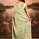 Sage Green Checkered With Multicolor Floral Motif Border Designer Saree