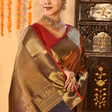 Burnt Orange Checked Butti Kanjivaram Silk Saree