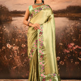 Olive Green With Butterfly And Floral Motif Border Designer Saree