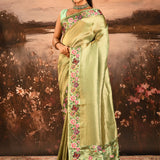 Olive Green With Butterfly And Floral Motif Border Designer Saree