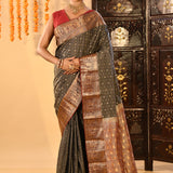 Charcoal Grey With Gold Zari Butti Kanjivaram Silk Saree