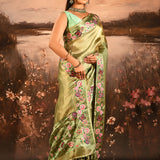 Olive Green With Butterfly And Floral Motif Border Designer Saree