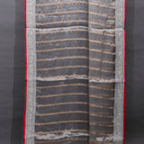 Grey Organza Saree With Gold Striped Weave & Hand Embroidered Sequin Border