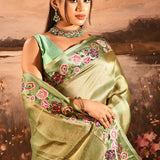 Olive Green With Butterfly And Floral Motif Border Designer Saree