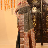 Charcoal Grey With Gold Zari Butti Kanjivaram Silk Saree