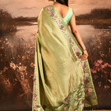 Olive Green With Butterfly And Floral Motif Border Designer Saree