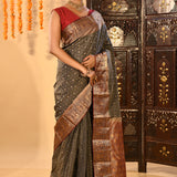 Charcoal Grey With Gold Zari Butti Kanjivaram Silk Saree