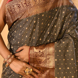 Charcoal Grey With Gold Zari Butti Kanjivaram Silk Saree