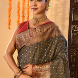 Charcoal Grey With Gold Zari Butti Kanjivaram Silk Saree