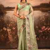 Sage Green Sheer Striped With Butterfly And Floral Embroidered Border Designer Saree