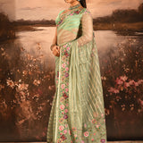 Sage Green Sheer Striped With Butterfly And Floral Embroidered Border Designer Saree