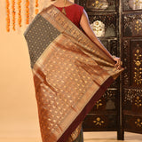 Charcoal Grey With Gold Zari Butti Kanjivaram Silk Saree