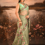 Sage Green Sheer Striped With Butterfly And Floral Embroidered Border Designer Saree