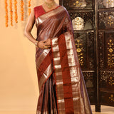 Brown Checked Kanjivaram Silk Saree With Double Border