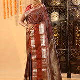 Brown Checked Kanjivaram Silk Saree With Double Border