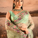 Sage Green Sheer Striped With Butterfly And Floral Embroidered Border Designer Saree