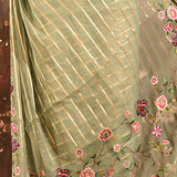 Sage Green Sheer Striped With Butterfly And Floral Embroidered Border Designer Saree