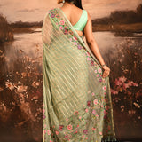 Sage Green Sheer Striped With Butterfly And Floral Embroidered Border Designer Saree