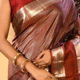 Brown Checked Kanjivaram Silk Saree With Double Border