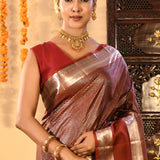 Brown Checked Kanjivaram Silk Saree With Double Border