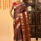 Brown Checked Kanjivaram Silk Saree With Double Border