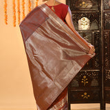 Brown Checked Kanjivaram Silk Saree With Double Border