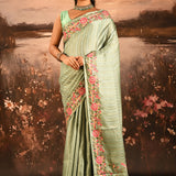 Sage Green Striped With Rose And Bird Motif Embroidered Border Designer Saree