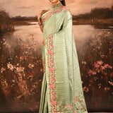 Sage Green Striped With Rose And Bird Motif Embroidered Border Designer Saree