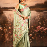 Sage Green Striped With Rose And Bird Motif Embroidered Border Designer Saree