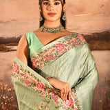 Sage Green Striped With Rose And Bird Motif Embroidered Border Designer Saree
