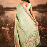 Sage Green Striped With Rose And Bird Motif Embroidered Border Designer Saree